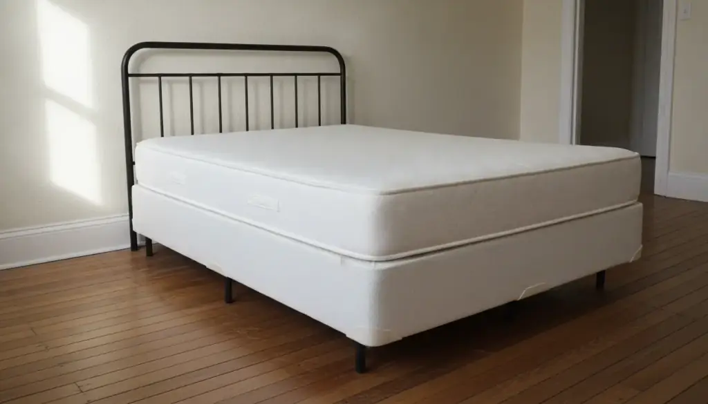 A stripped mattress and box spring on a metal bed frame pulled away from the wall