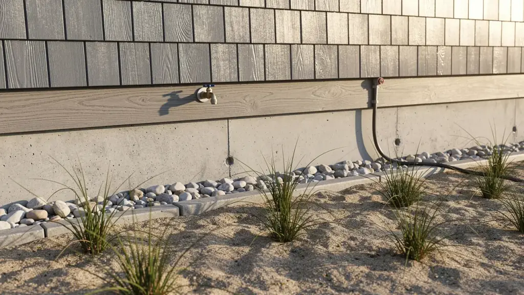 Cedar-shake siding meeting a concrete foundation, with a stone drip edge and beach grass along the wall