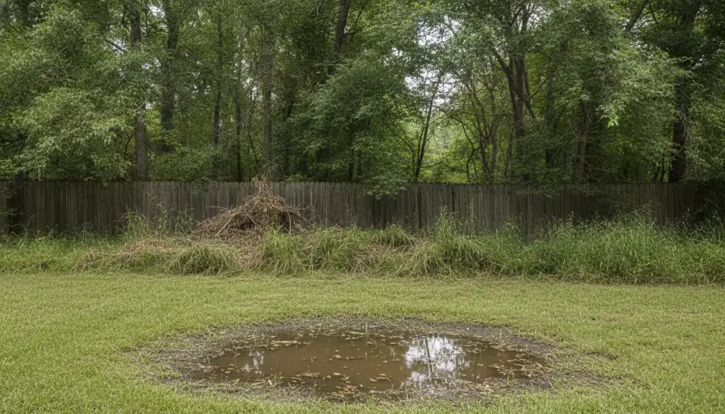 Back-yard fence line with long grass and a shallow pool of standing water on the lawn