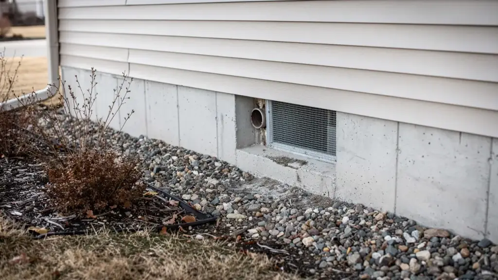 Foundation wall of a sided house with a utility vent opening above a gravel bed