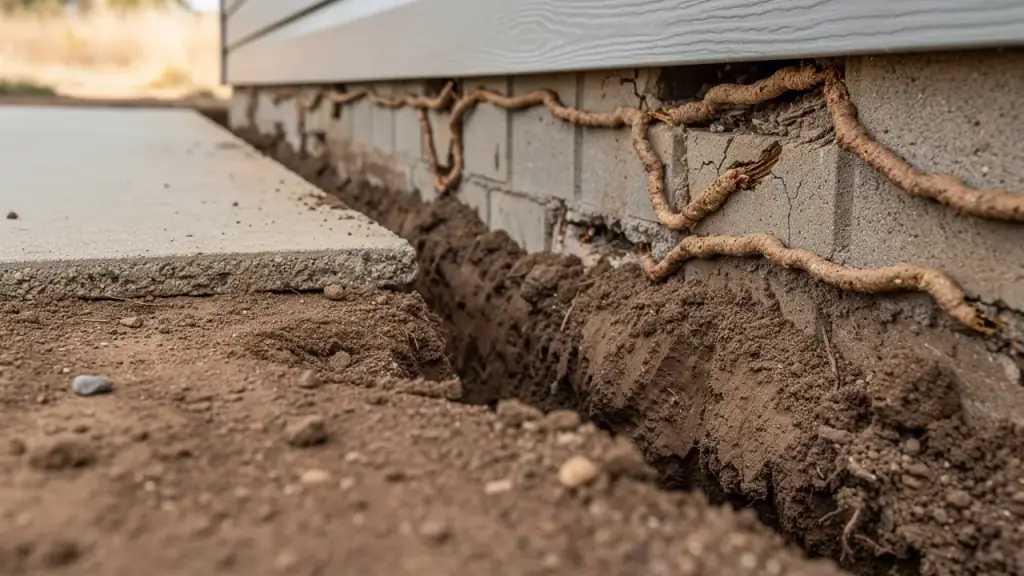 Mud tubes running up a block foundation from a narrow trench in the soil